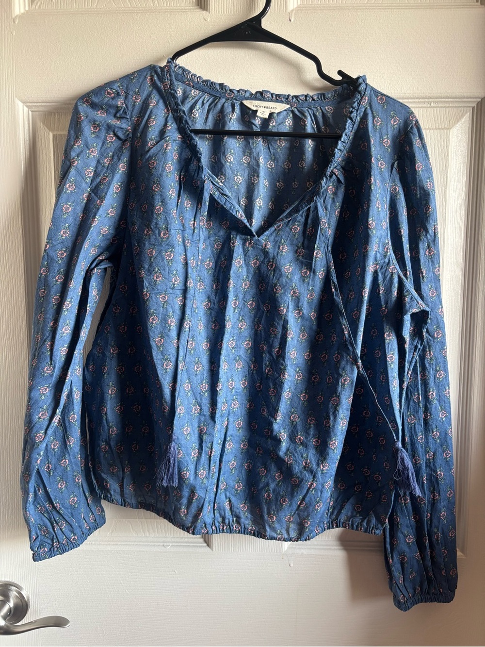 Lucky Brand Blue Floral Tie-Front Peasant Blouse